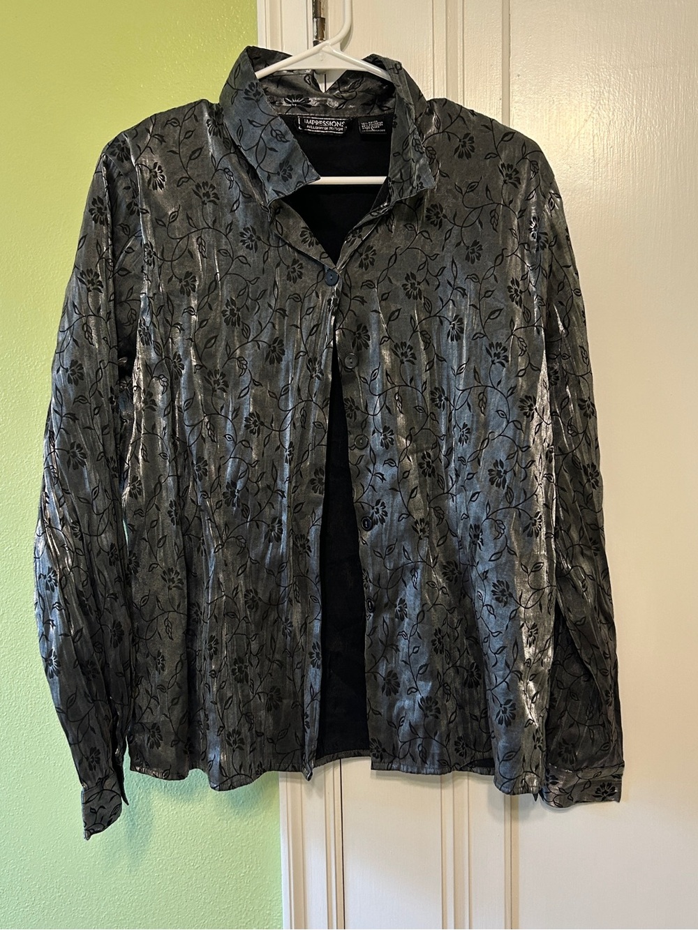 Impressions Metallic Floral Button-Front Jacket - Silver/Black